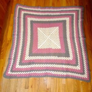 Granny Square Crochet Blanket Throw 54" x 57" White Pink Gray Handmade Cozy Gift
